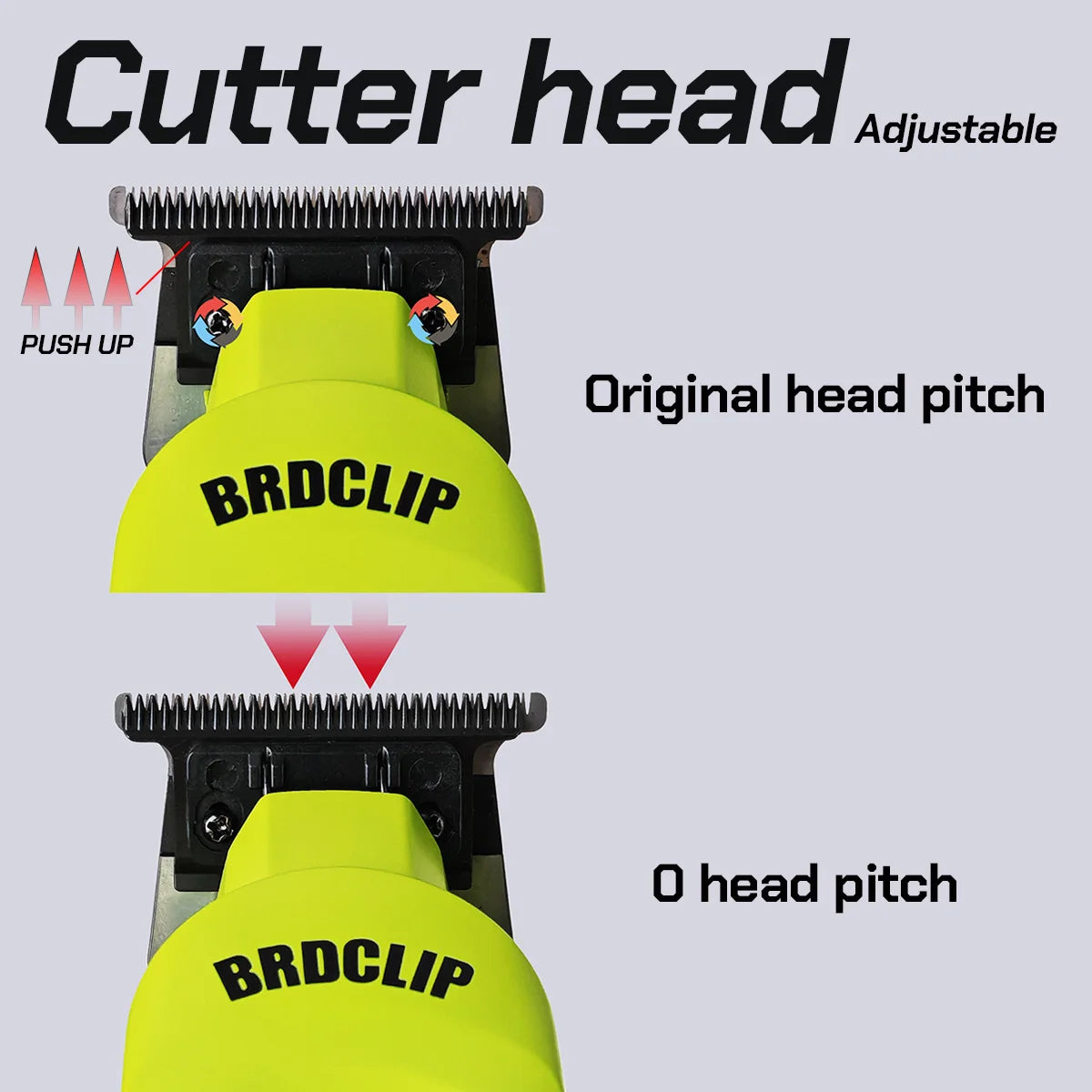A close-up comparison showing the original and zero head pitch settings of an adjustable cutter head for a hair trimmer.