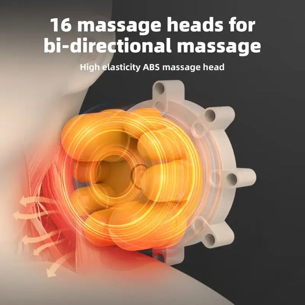 An orange U-shaped massage head for bi-directional massage is shown in a close-up view.