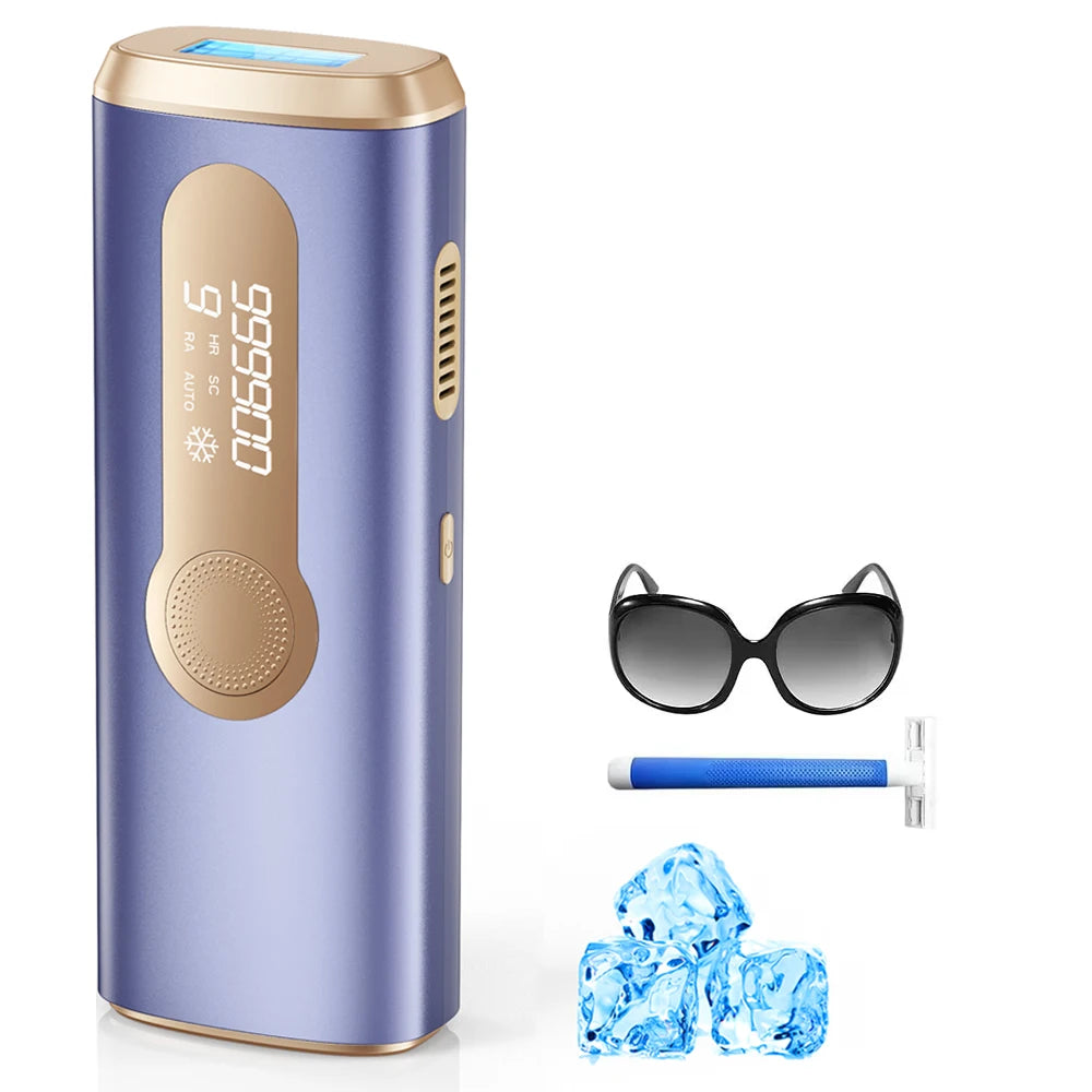 A purple and gold IPL hair removal device is shown with accessories including a hair removal tool and ice cubes.