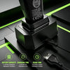 A black electric hair clipper trimmer is shown on a dark surface with specifications for battery capacity, charging time, and