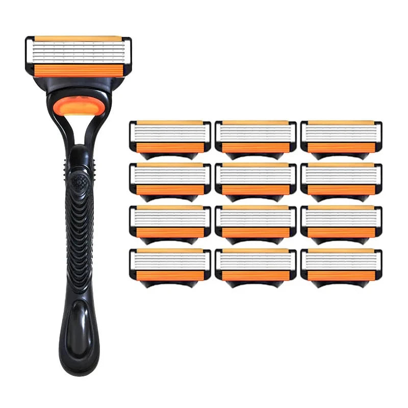 A set of six replacement razor heads for a fusion-style razor, featuring orange and white blades.