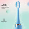 A close-up of a blue ultrasonic electric toothbrush with a pink base and white bristles, highlighting its sonic technology.