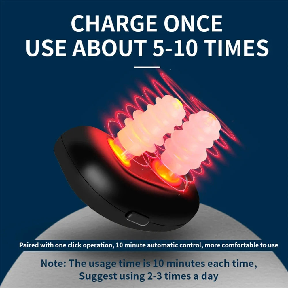 A black light therapy clip is shown emitting red light, used for nasal congestion relief.