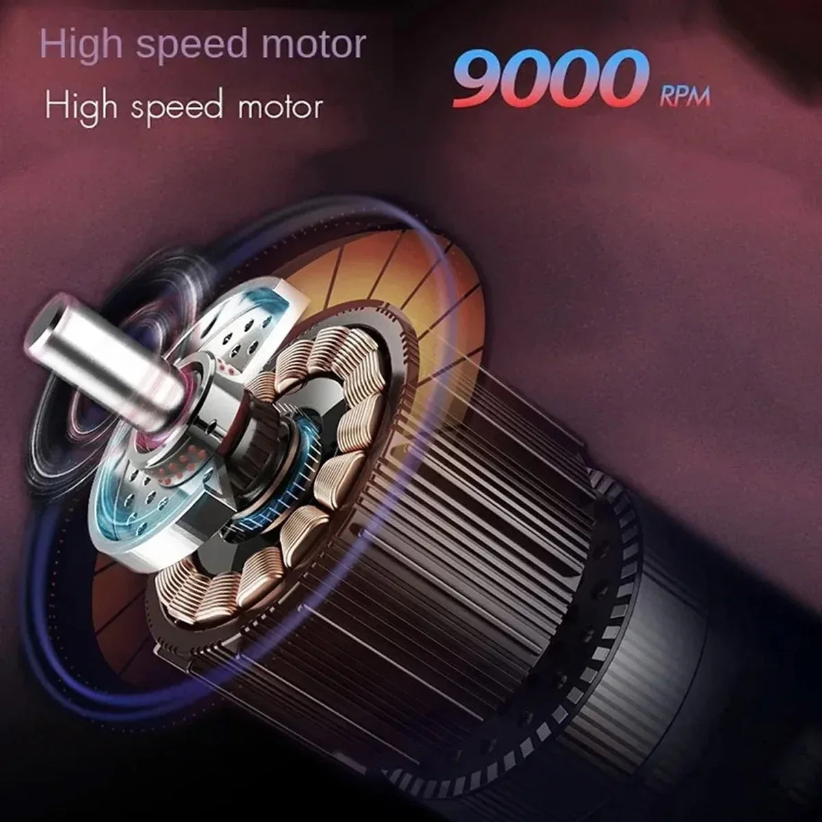 Close-up view of a high speed motor for an electric hair shaver, showing internal components and RPM rating.