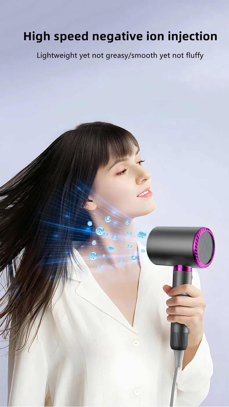 A woman is using a black hair dryer with negative ion injection technology on her hair.