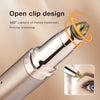Close-up of an open clip design electric heated eyelash curler and eyebrow trimmer tool.