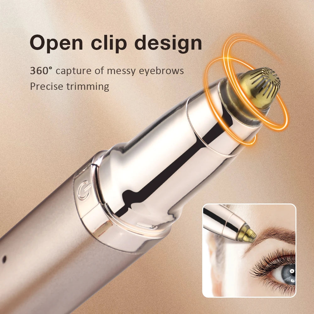 Close-up of an open clip design electric heated eyelash curler and eyebrow trimmer tool.