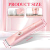 A pink double-head electric body shaver is shown with various size measurements and usage details.