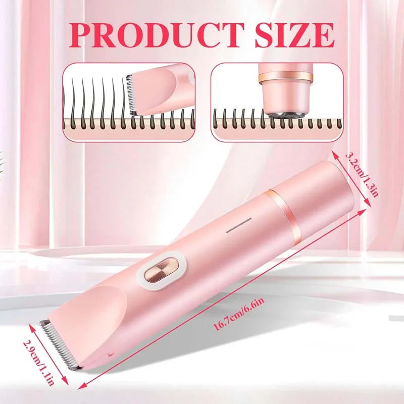 A pink double-head electric body shaver is shown with various size measurements and usage details.