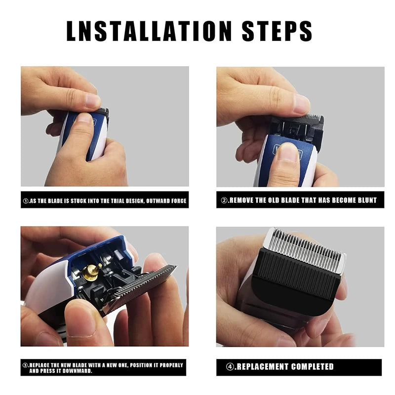 Installation steps showing how to replace a hair clipper blade with a new one.