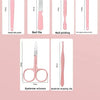 A collection of pink stainless steel manicure tools including a dead skin push, nail file, nail picking tool, flat-edged pedi