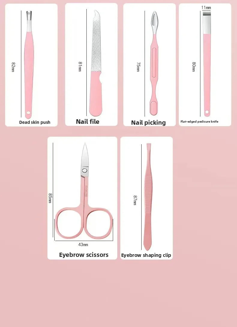 A collection of pink stainless steel manicure tools including a dead skin push, nail file, nail picking tool, flat-edged pedi