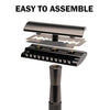 A black weighted metal safety razor with a handle and blade assembly shown for easy to assemble use.