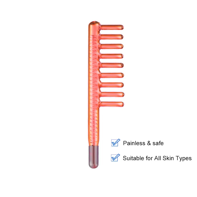 An orange high frequency facial electrotherapy wand with multiple prongs.
