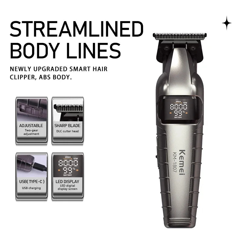 A silver Kemi KM-1807 smart hair clipper with a guard and battery display.