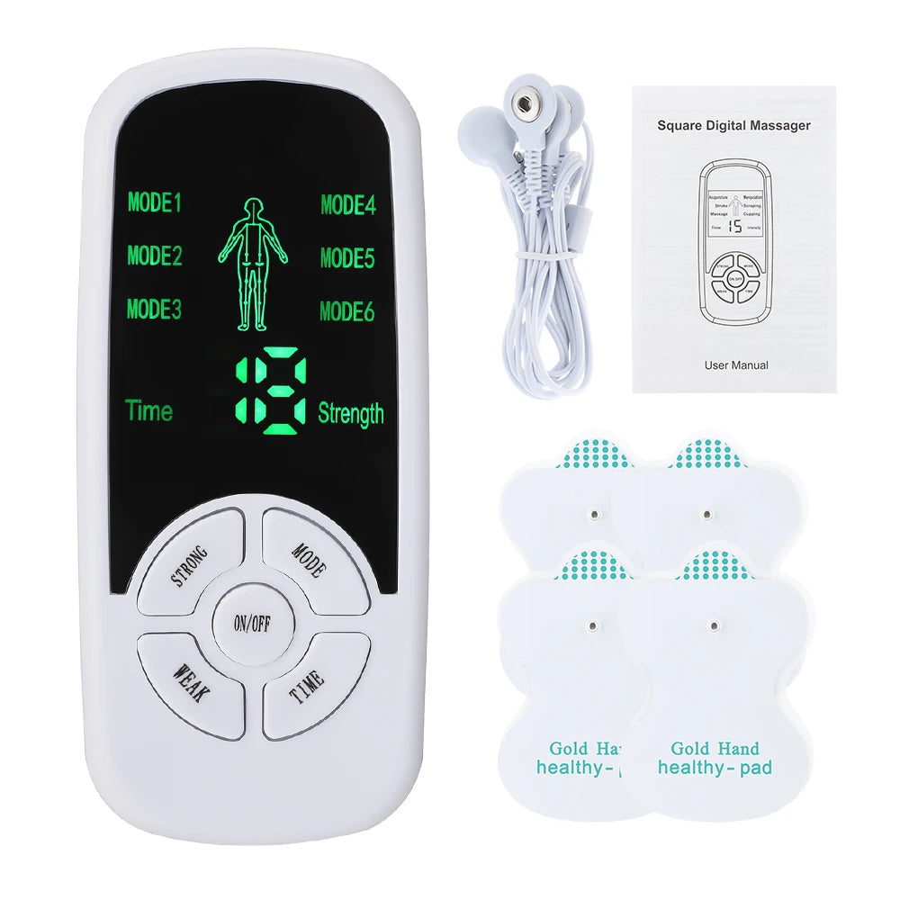 A white multi-mode portable muscle relaxer device with digital display and reusable pads.