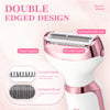 A close-up of a pink and white electric shaver with a double-edged design showing fixed and movable blades.
