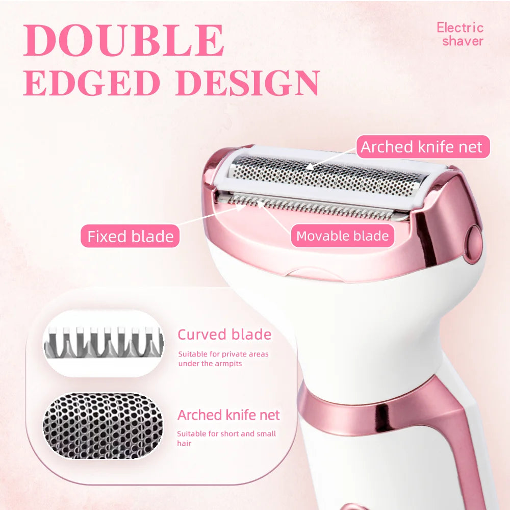 A close-up of a pink and white electric shaver with a double-edged design showing fixed and movable blades.
