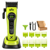 A professional green and black rotary hair clipper trimmer with various attachments shown.