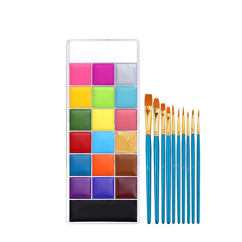 A rectangular palette of 20 vibrant, non-toxic body paint colors and a set of fine paintbrushes.