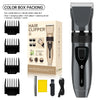 A professional electric hair clipper set shown with various attachments and accessories in a box.