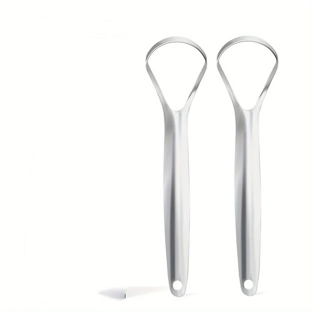 A pair of portable stainless steel tongue scrapers against a white background.