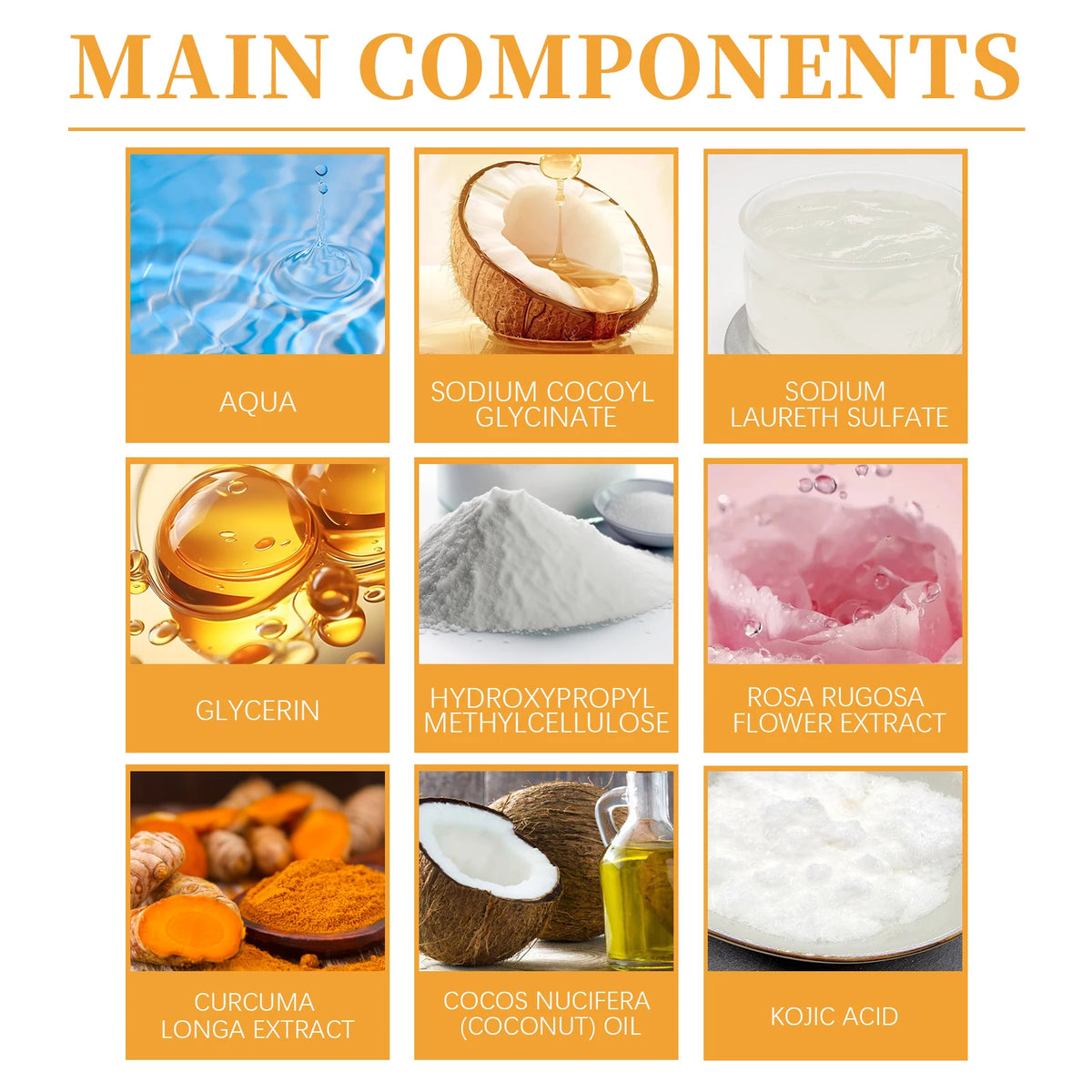 Hauptbestandteile eines Reinigungsmittels: Aqua, Sodium Cocoyl Glycinate, Glycerin, Hydroxypropylmethylcellulose, Rosa Rugosa