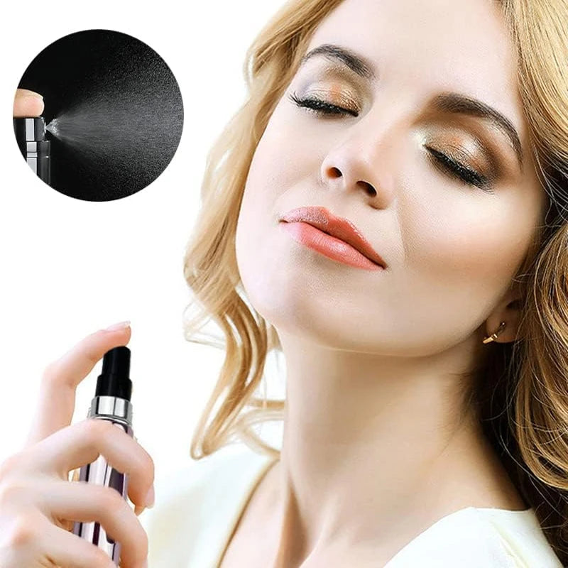 A woman applies a mini refillable perfume atomizer bottle to her face, demonstrating the leak-proof spray.