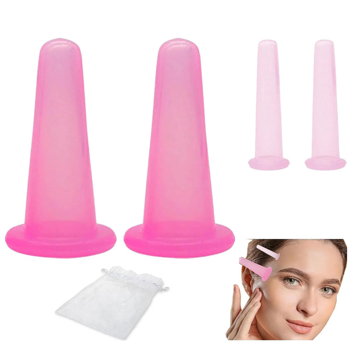A set of pink silicone facial cupping tools and a white facial mask shown next to a woman's face.