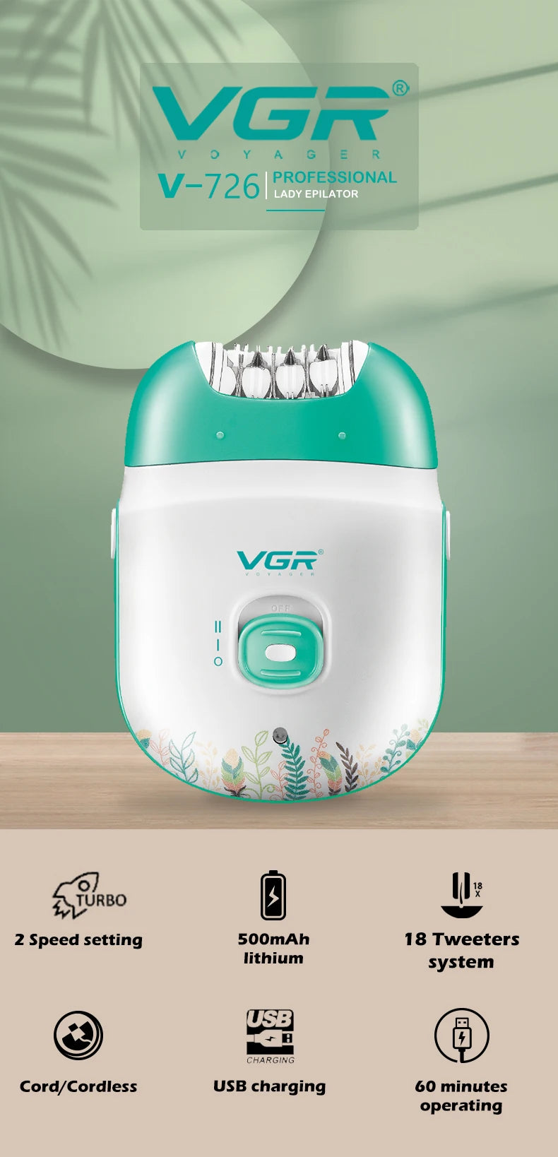 VGR V-726 professional lady epilator in white and teal on a wooden surface.
