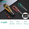 A VGR-668T professional rechargeable hair clipper trimmer shown with accessories and specifications.