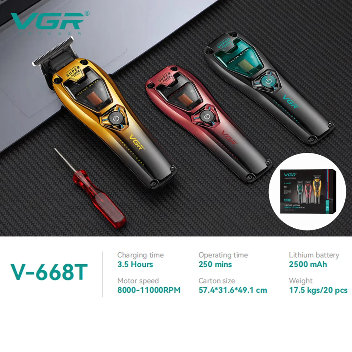 A VGR-668T professional rechargeable hair clipper trimmer shown with accessories and specifications.
