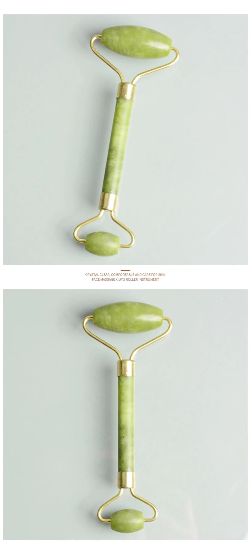 A gold-toned jade gua sha tool with a light green handle and oval stone, displayed against a light gray background.