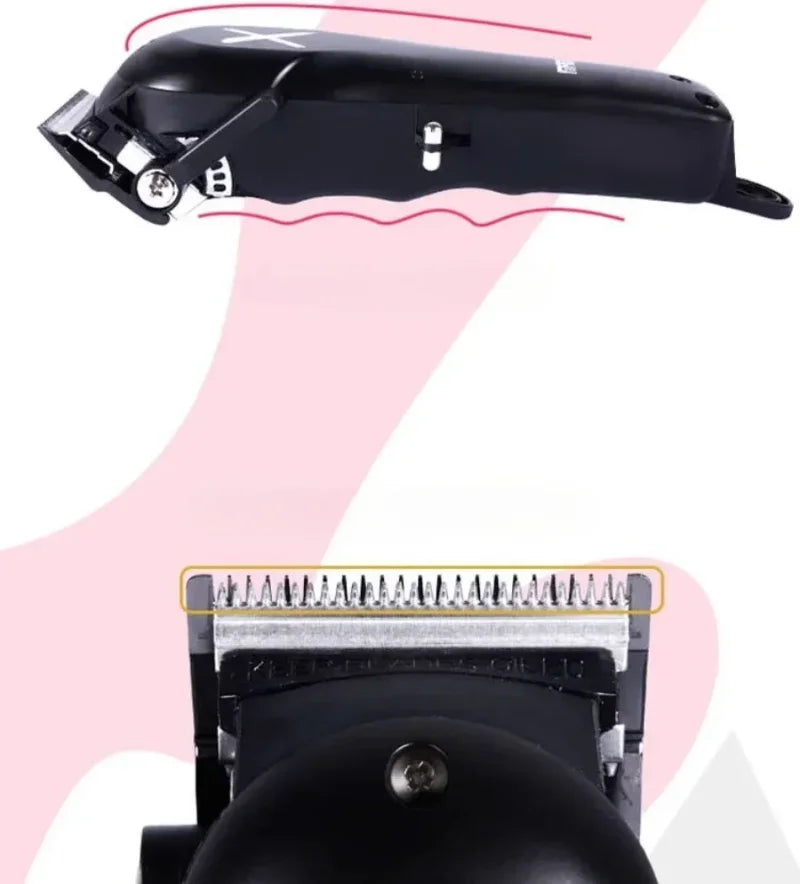 A black professional cordless hair clipper is shown from the side, highlighting its design.
