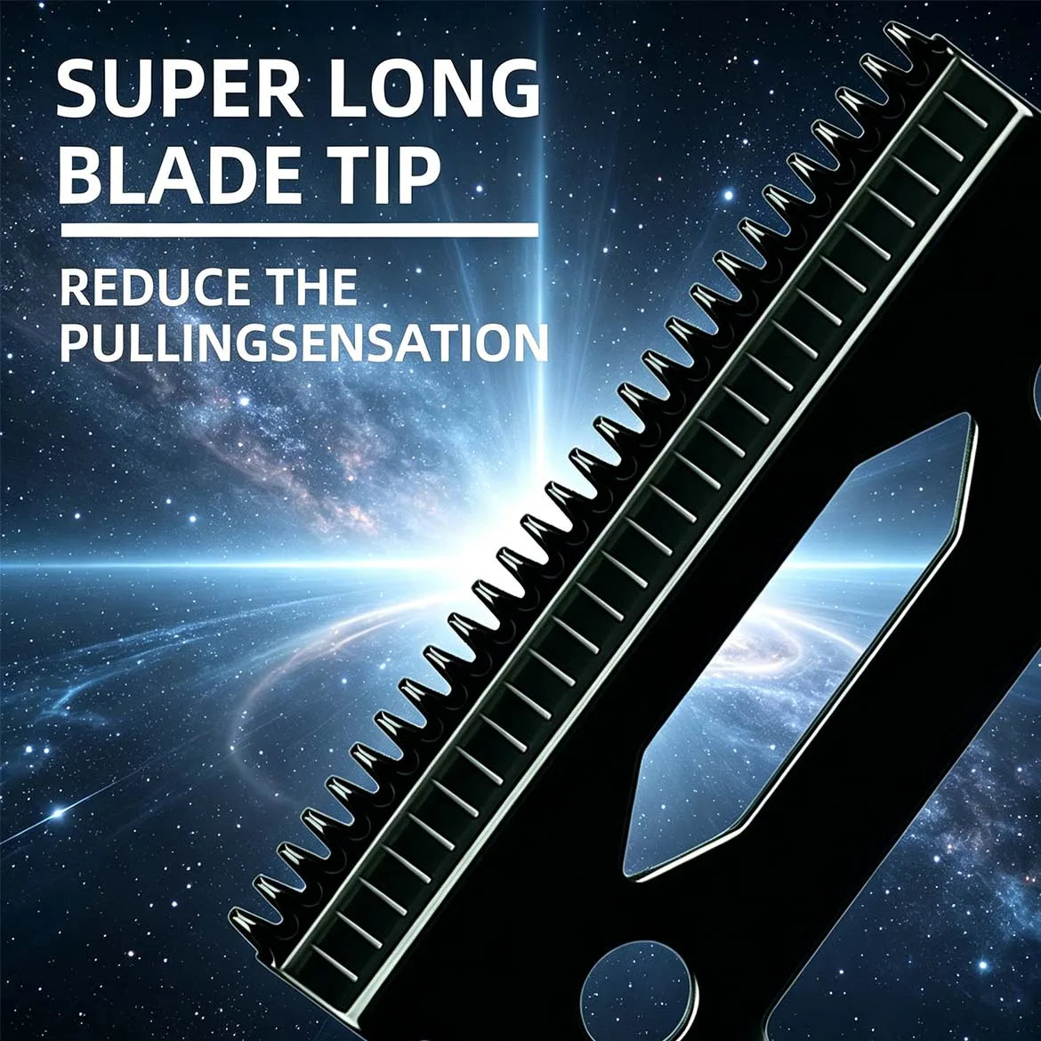 Close-up of a professional hair clipper blade tip designed to reduce pulling sensation against a dark, starry background.