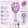 A purple Angel Wing hair brush with a tapered handle is shown next to various color options and packaging.