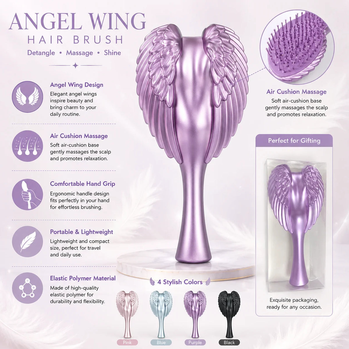 A purple Angel Wing hair brush with a tapered handle is shown next to various color options and packaging.