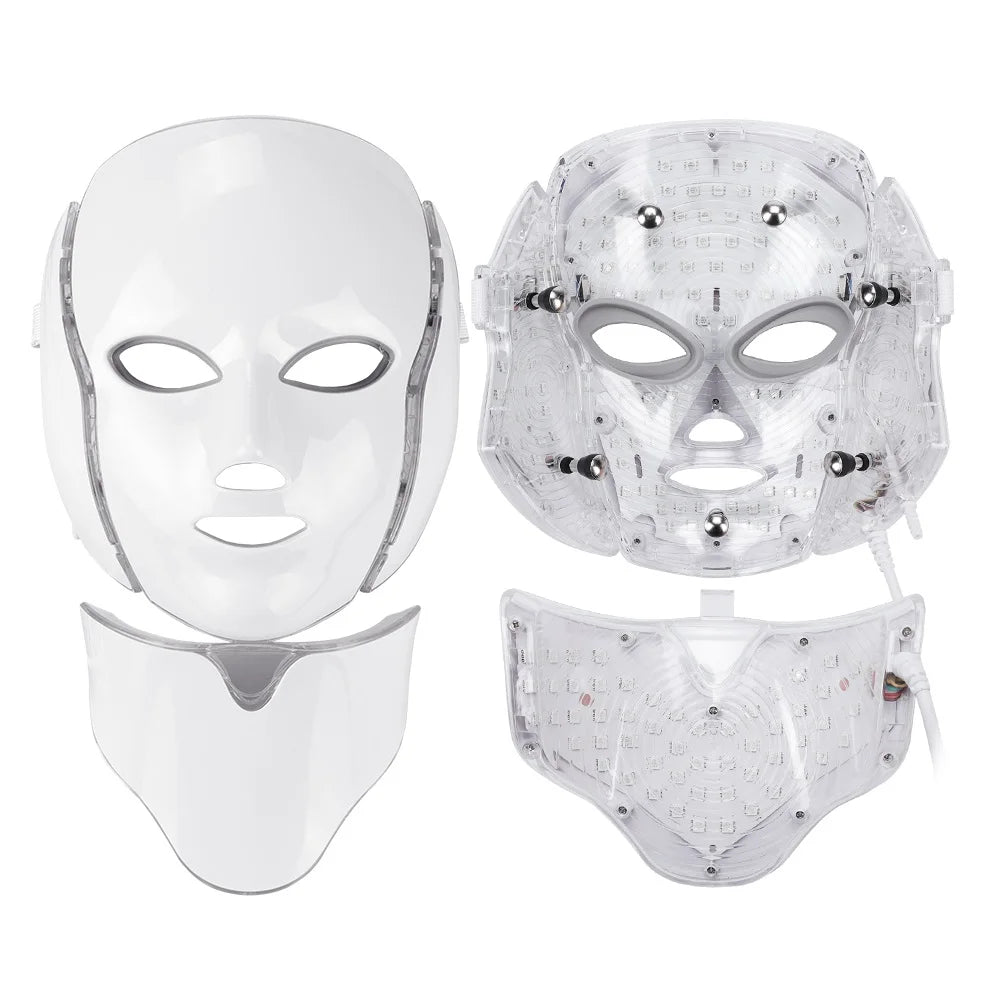A white LED facial mask shown in three parts: a full face mask, a half mask, and a lower facial piece.