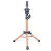 An adjustable wig stand tripod with a pink base and black metal components.