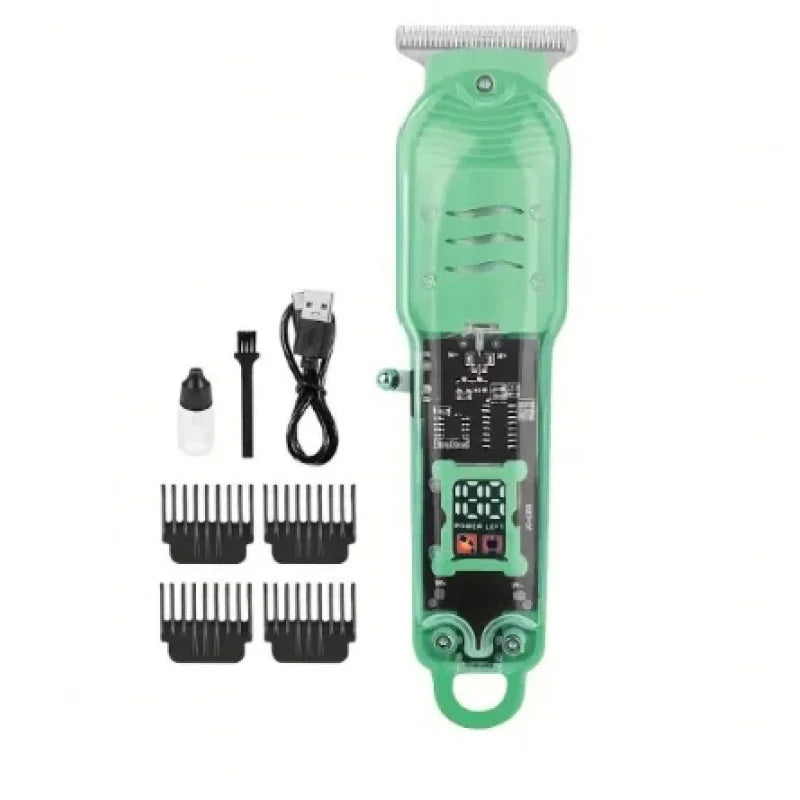 A professional cordless hair clipper trimmer in a light green casing with a detachable blade and charging cable.