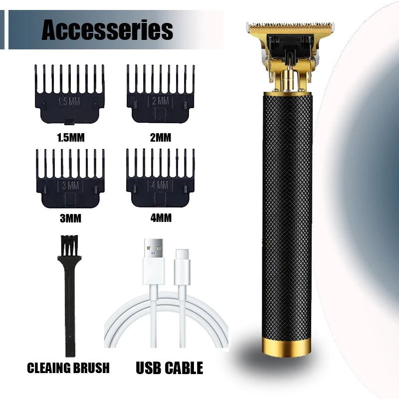 Accessories for a professional electric hair trimmer including various size cleaning brushes and a USB cable