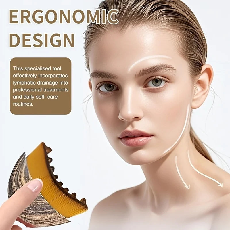 A woman's face shows a lymphatic drainage tool being used for skincare treatments.