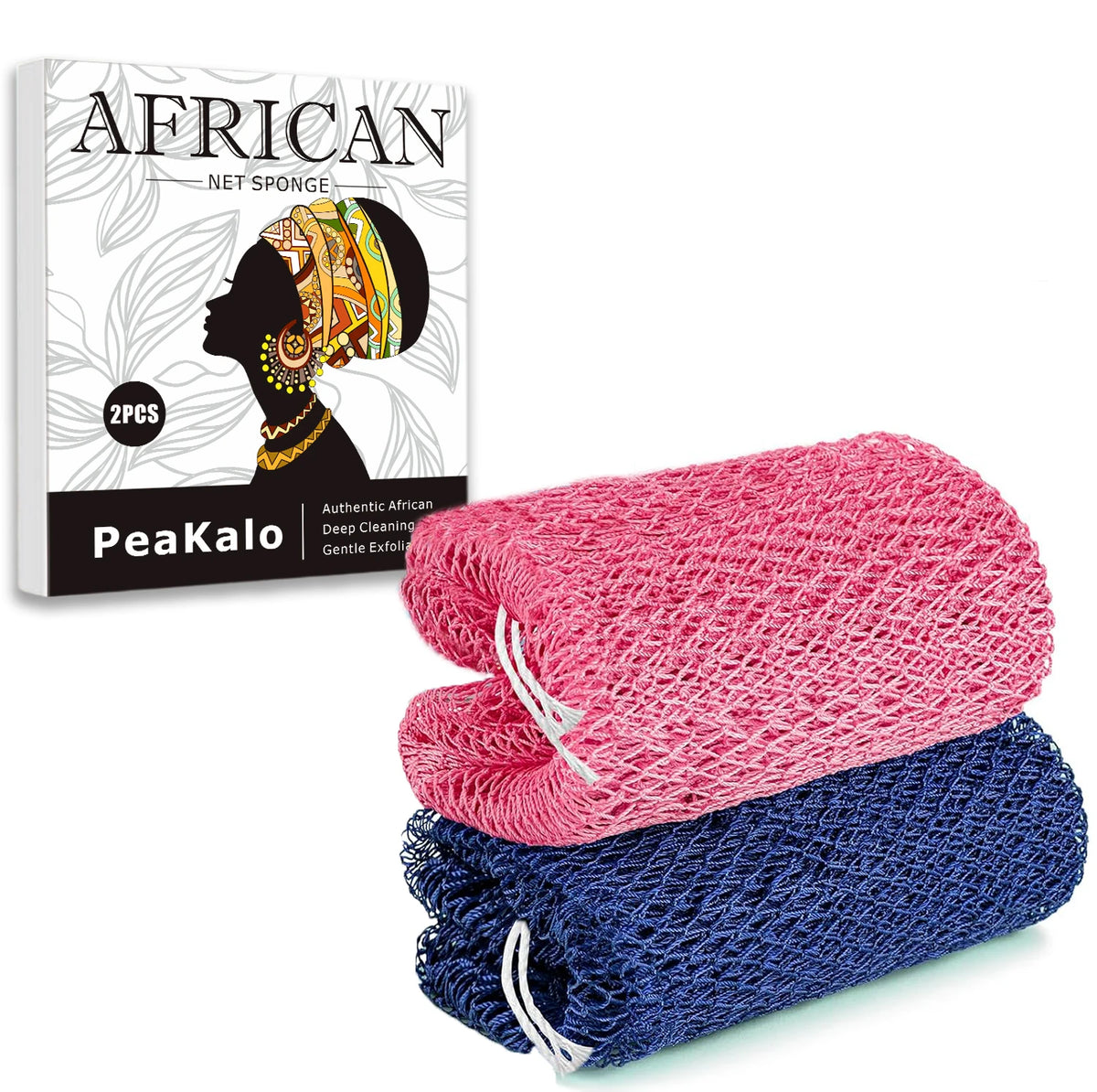 Two pink and blue exfoliating loofah sponges shown next to the packaging for African net sponge