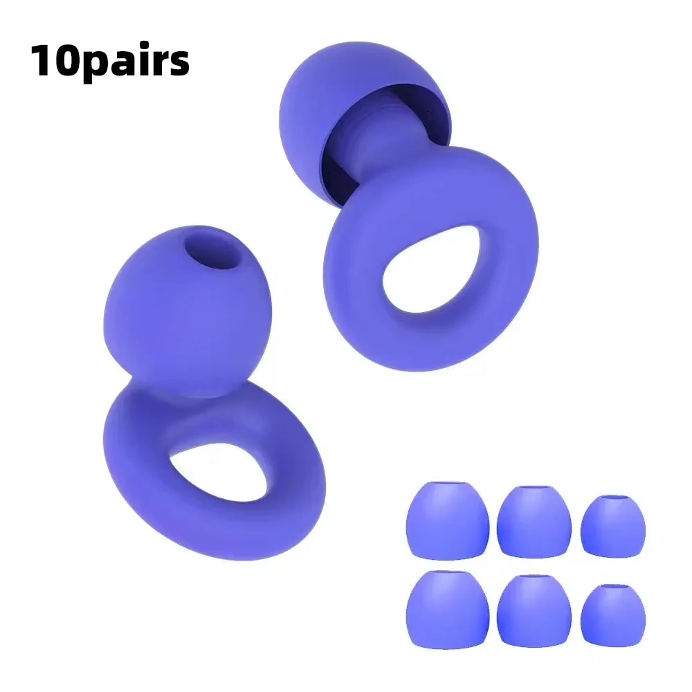 Ten pairs of purple silicone ear plugs for noise reduction
