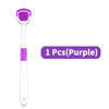 A purple reusable tongue scraper for oral hygiene