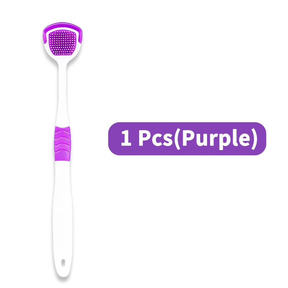 A purple reusable tongue scraper for oral hygiene