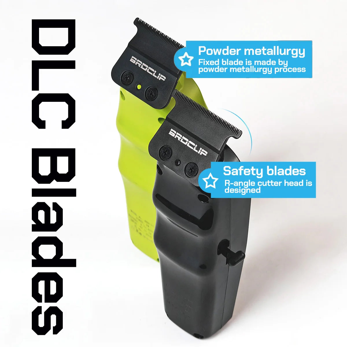 A yellow and black electric hair trimmer with safety blades is shown next to text describing powder metallurgy and safety fea