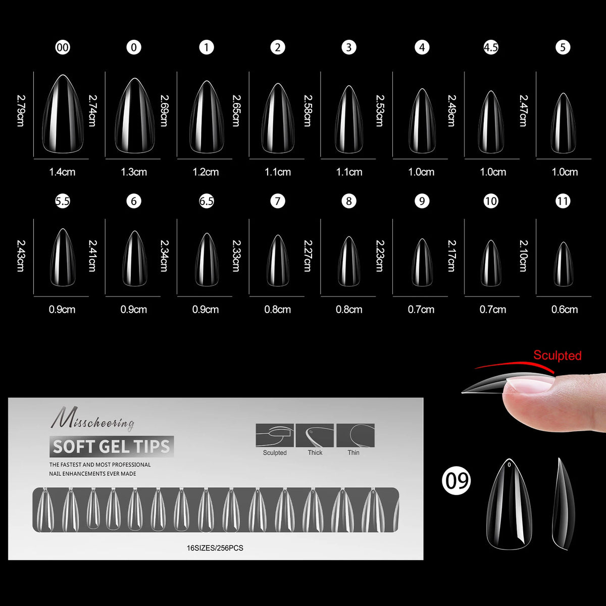 Présentation de différentes tailles et formes d'extensions à ongles en acrylique, y compris des designs en courbe en C.
