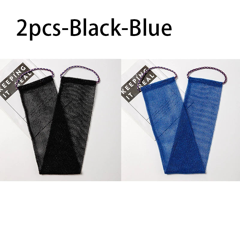 Two exfoliating African net body scrub sponges in black and blue colors shown side by side.