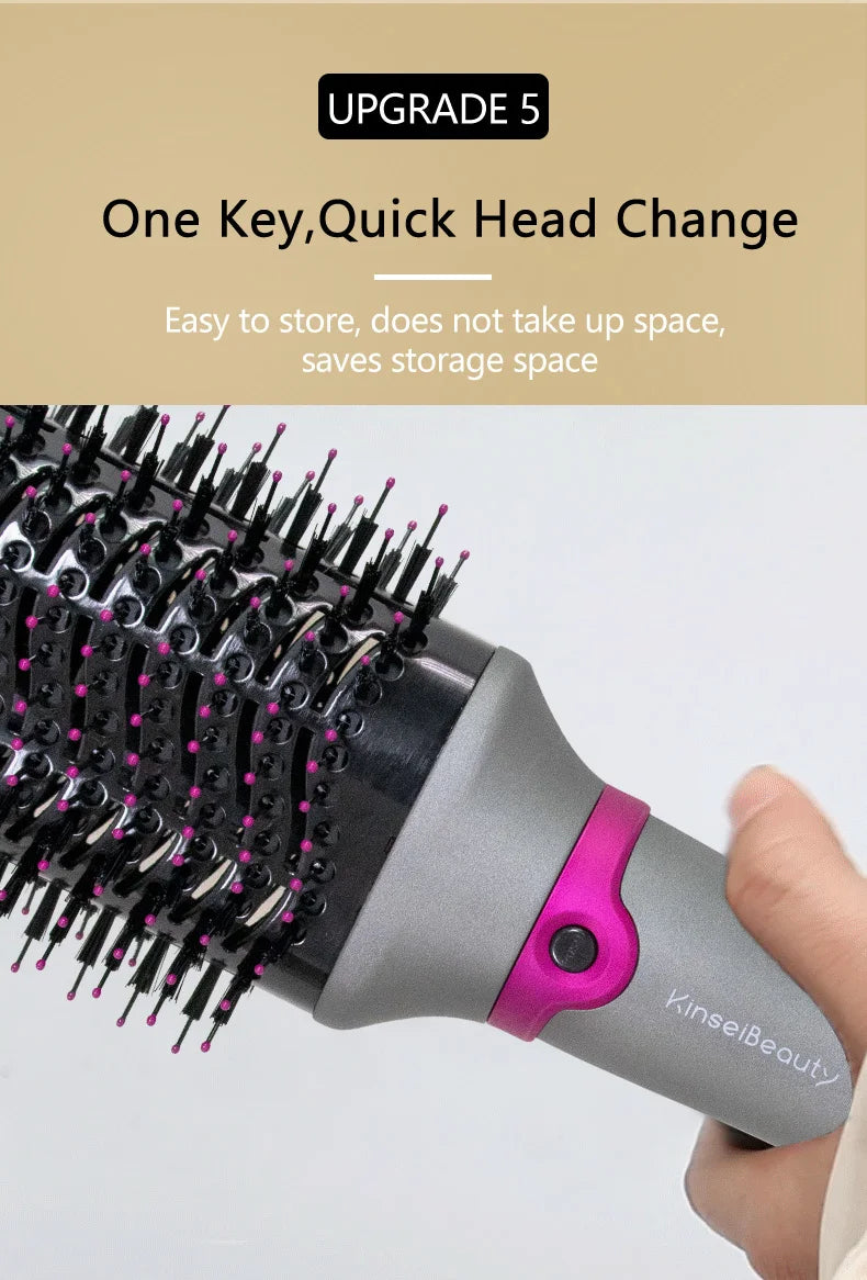 Nahaufnahme einer rosa und schwarzen Heißluftstylingbürste mit mehreren Borsten, gehalten von einer Hand.